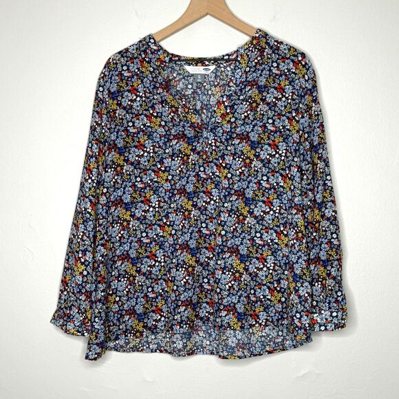 Old Navy Womens Popover Tunic Top XL Blue Red Floral Linen Sheer Vacation Spring - Picture 2 of 11